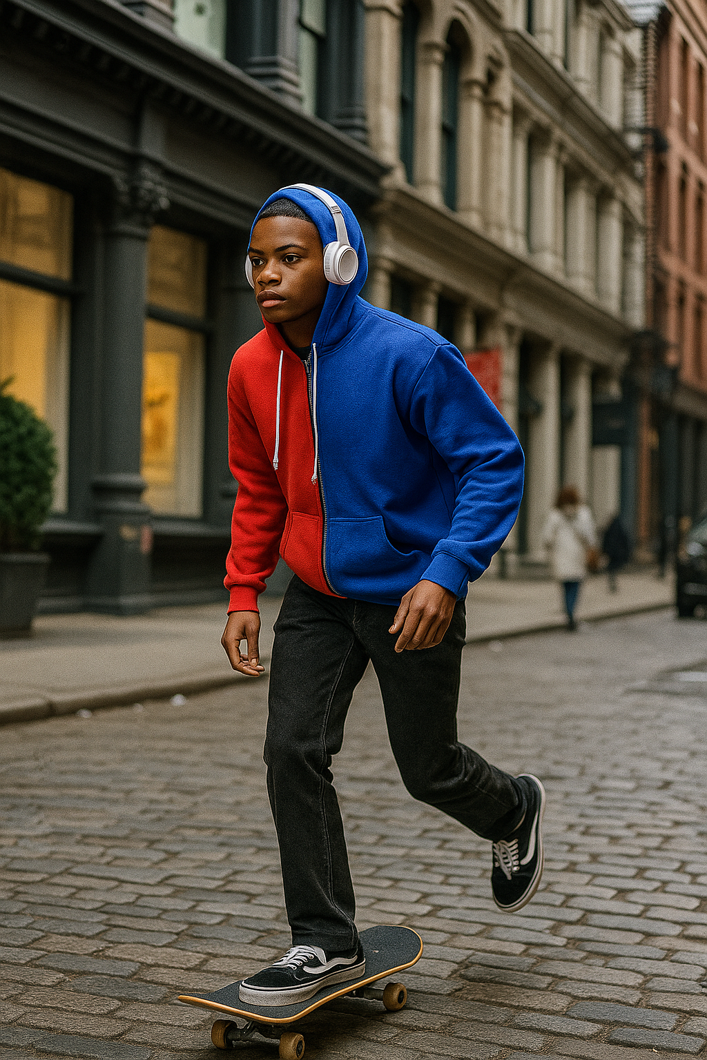 Person skateboarding while wearing a red and blue split hoodie