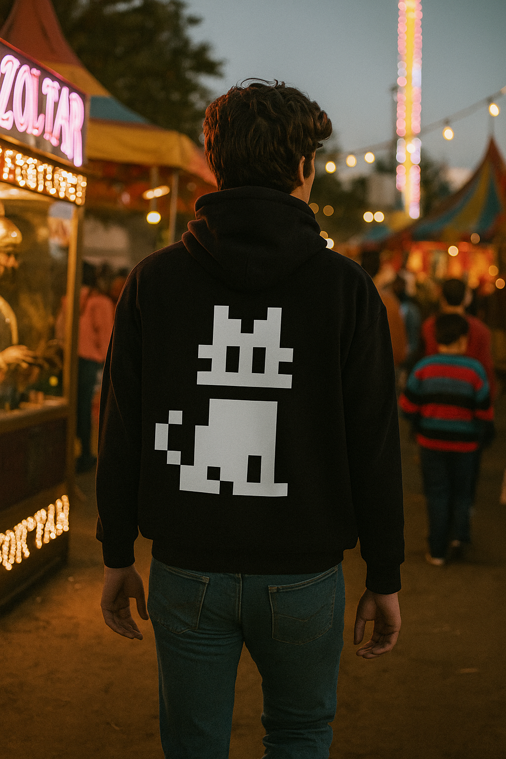 Person standing at an outdoor fair in the evening wearing a black hoodie with a large white pixel cat graphic on the back, colorful carnival lights and booths blurred in the background.
