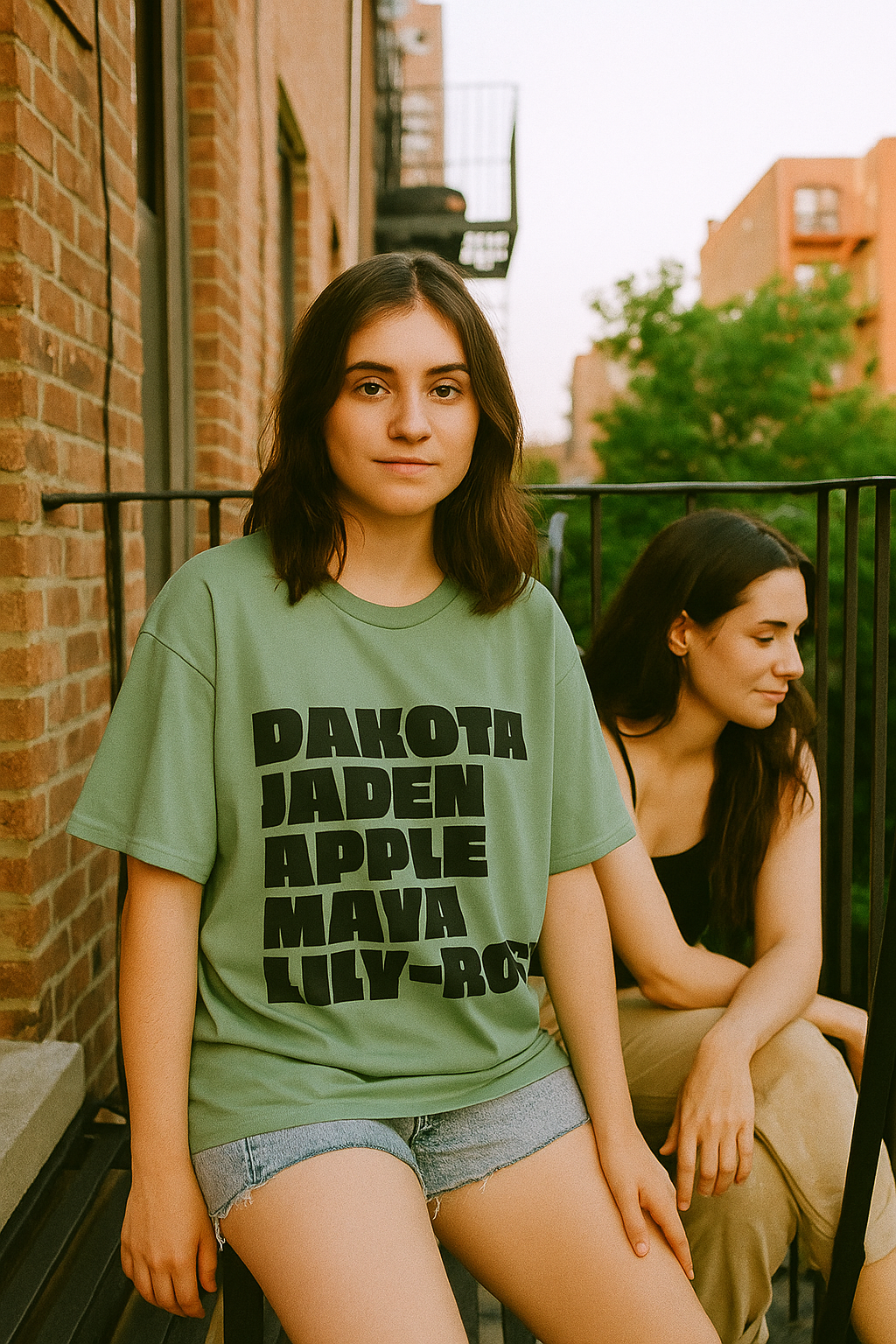 A young woman sits on a fire escape, looking at the camera, wearing a green T-shirt with bold printed names and denim shorts, with another woman beside her.

