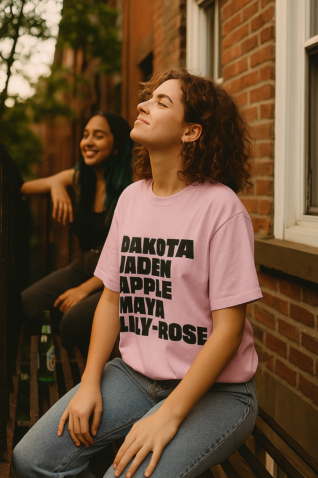 A young woman sits on a fire escape smiling with her head tilted up, wearing a pink T-shirt with bold printed names and jeans, another person sits behind her 