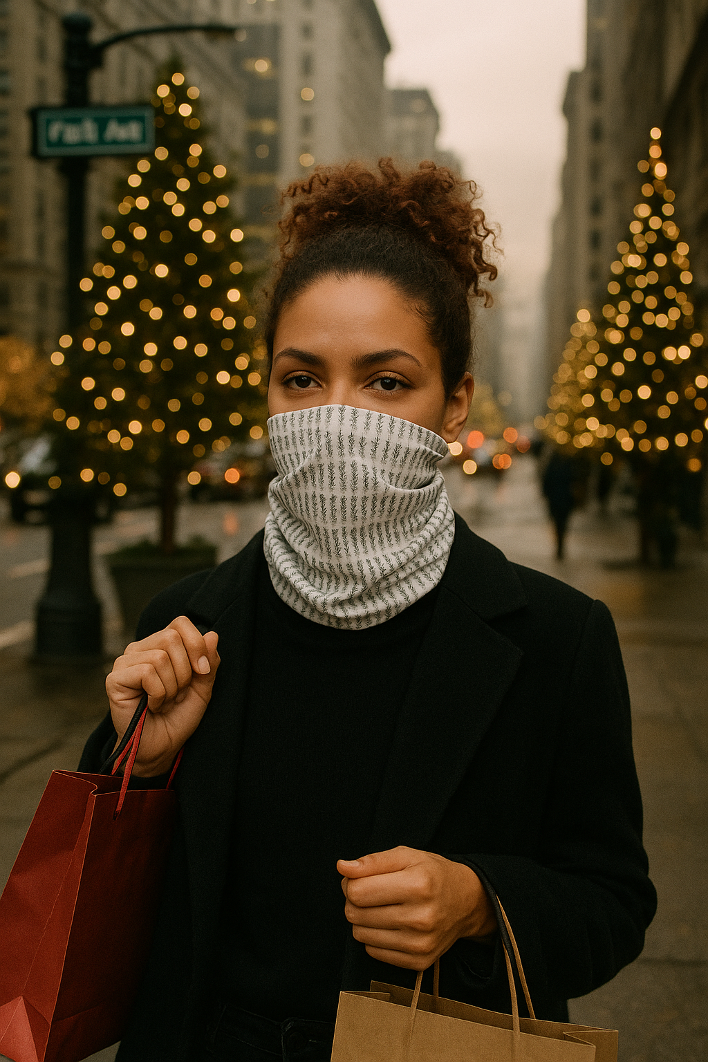 Person wearing a patterned gray neck gaiter and black coat while shopping on a decorated city street with holiday lights and trees.
