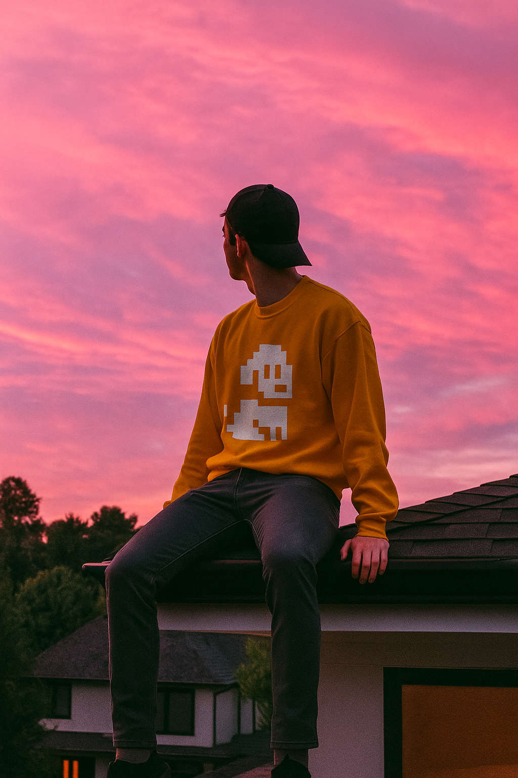 Person sitting on a rooftop at sunset wearing a yellow sweatshirt with a pixel dog graphic and a black cap, looking toward the pink sky.