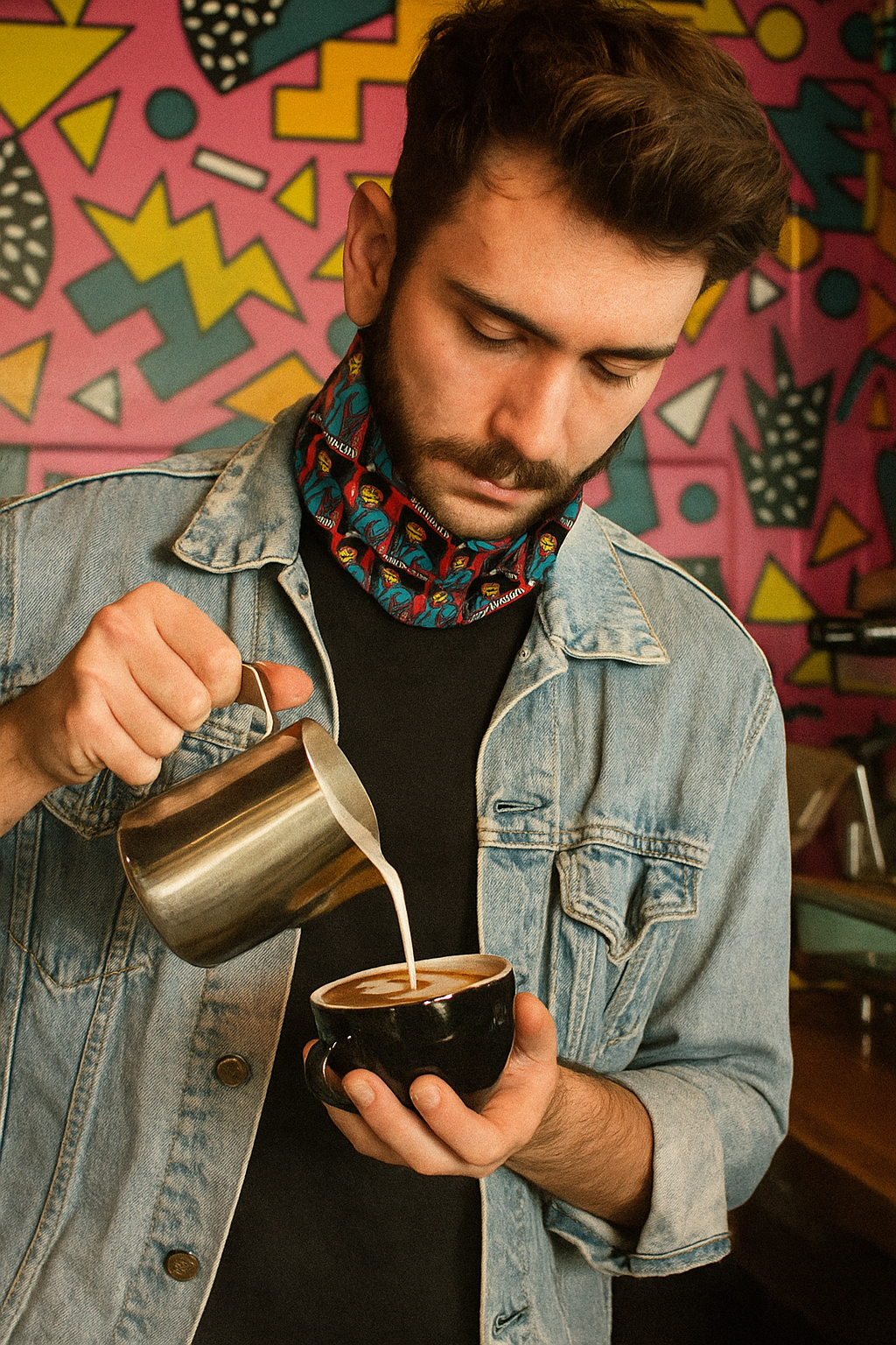Person wearing a colorful Duran Duran neck gaiter and denim jacket while pouring latte art into a cup at a café with vibrant retro wall art.
