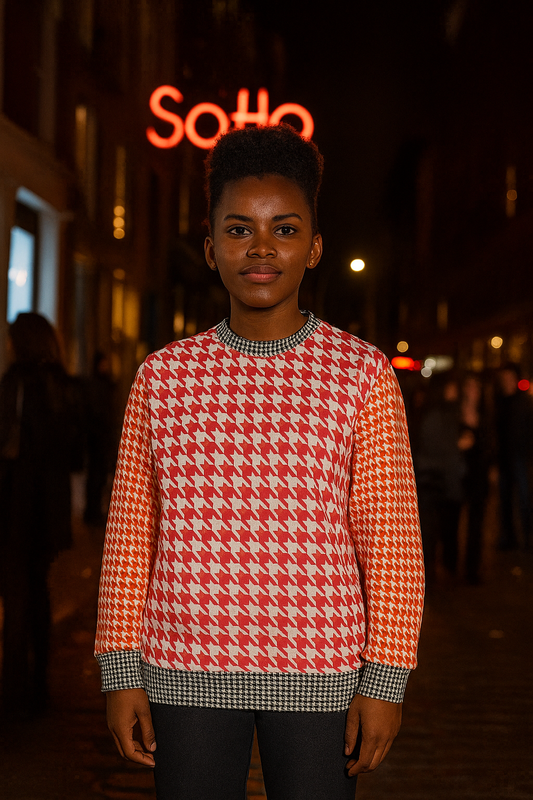 Person standing on a city street at night wearing a bold red and white houndstooth sweater with contrasting cuffs and hem, looking forward with a calm expression.