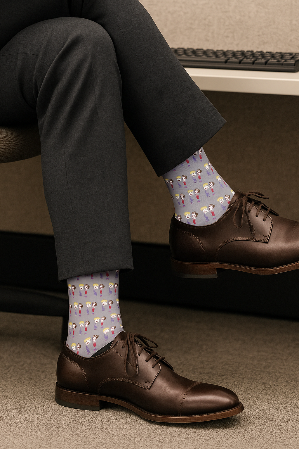 Person sitting in an office chair wearing dress shoes and trousers, with patterned socks featuring small character illustrations.