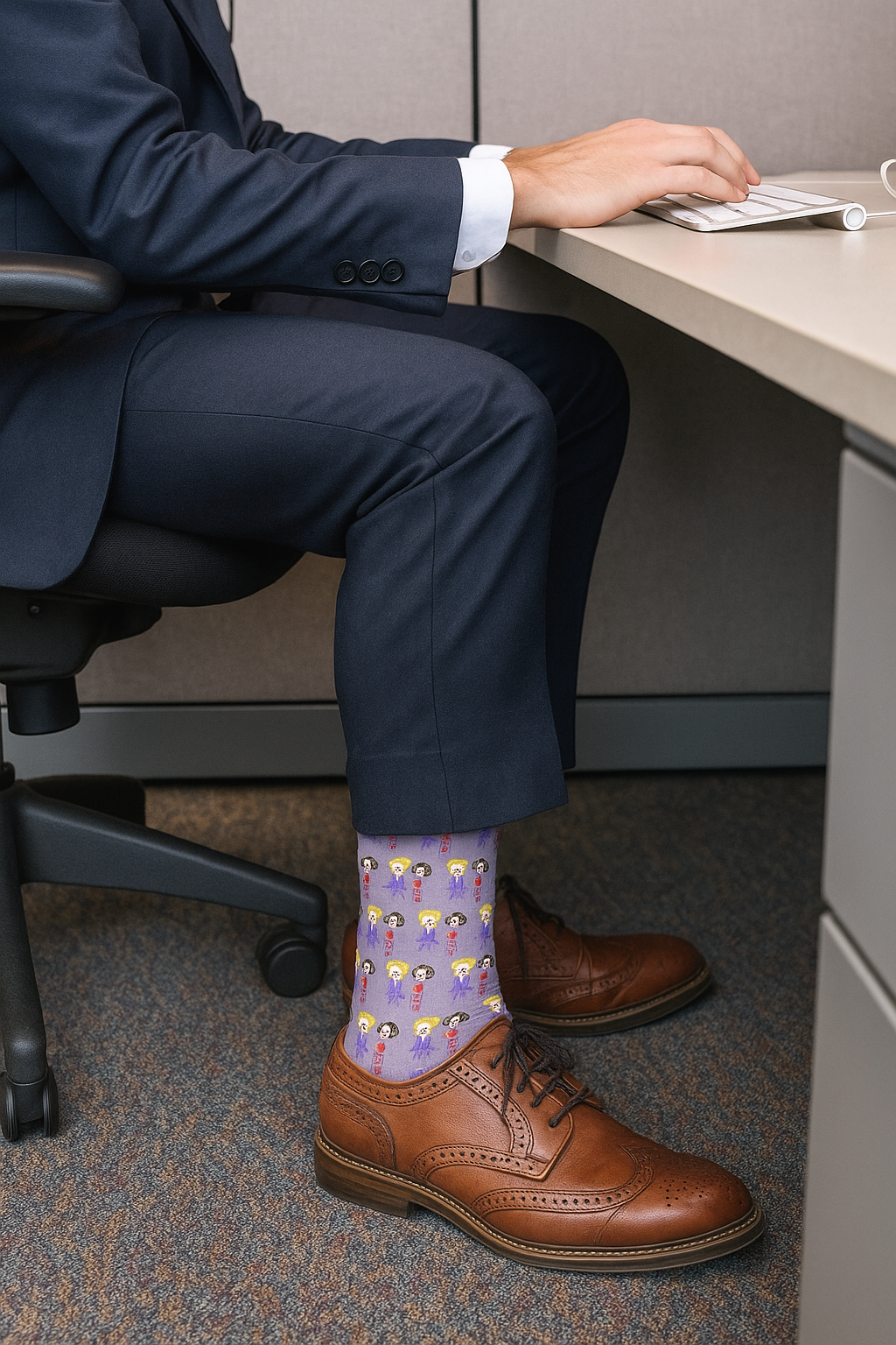 Person seated at a desk in a suit, wearing brown dress shoes and patterned socks with small character illustrations.