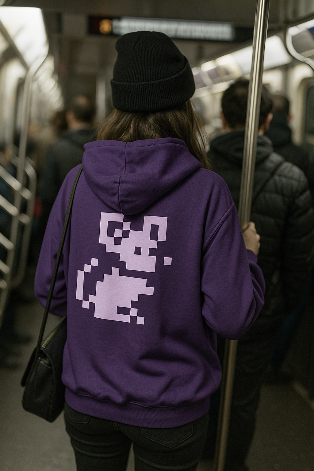 Person wearing a purple Pixel Mouse Hoodie with white pixel mouse design on the back, standing in a subway train surrounded by passengers.