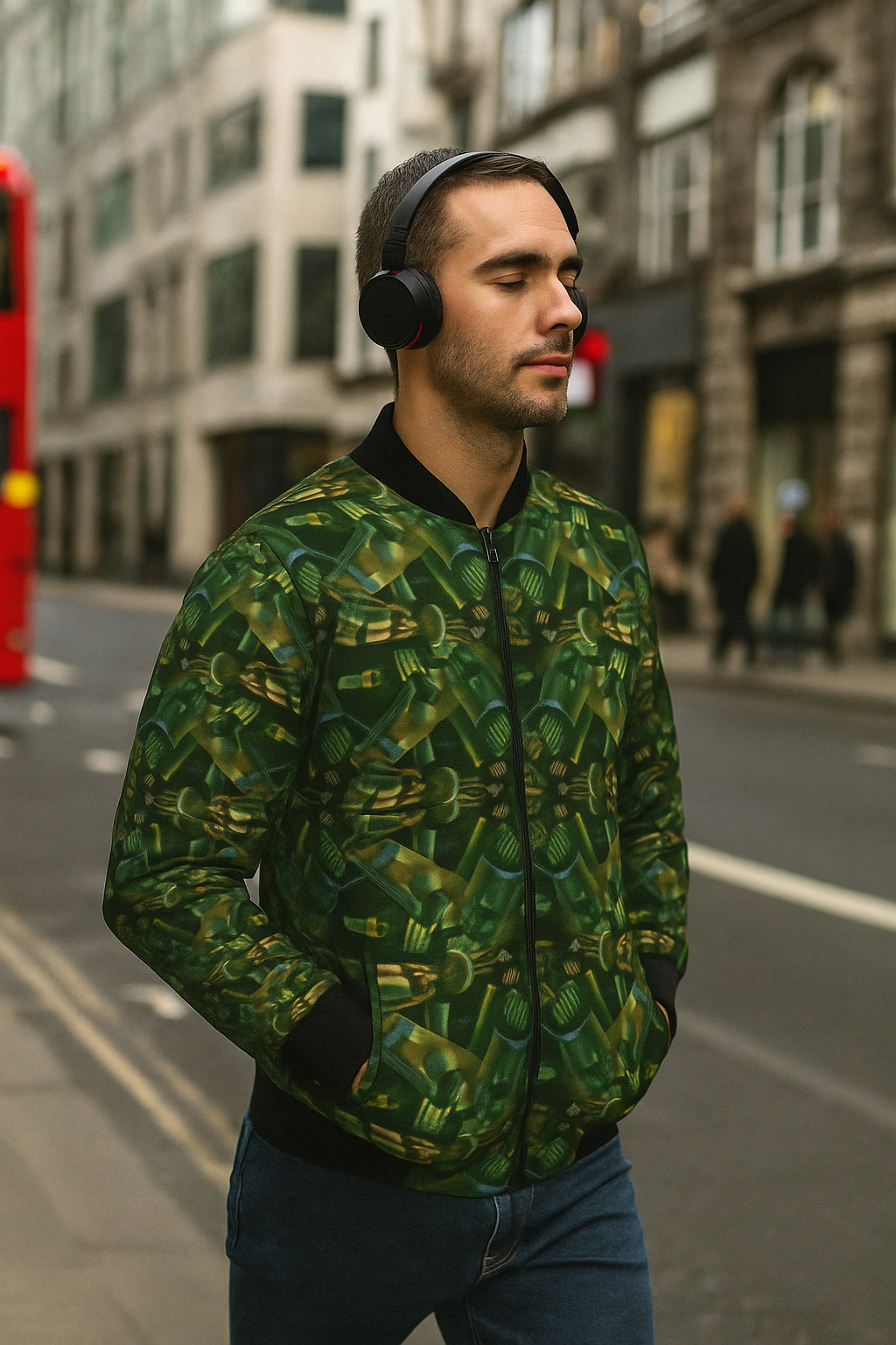 Man wearing the Passengers Men’s Bomber Jacket on a city street, showing the futuristic green pattern