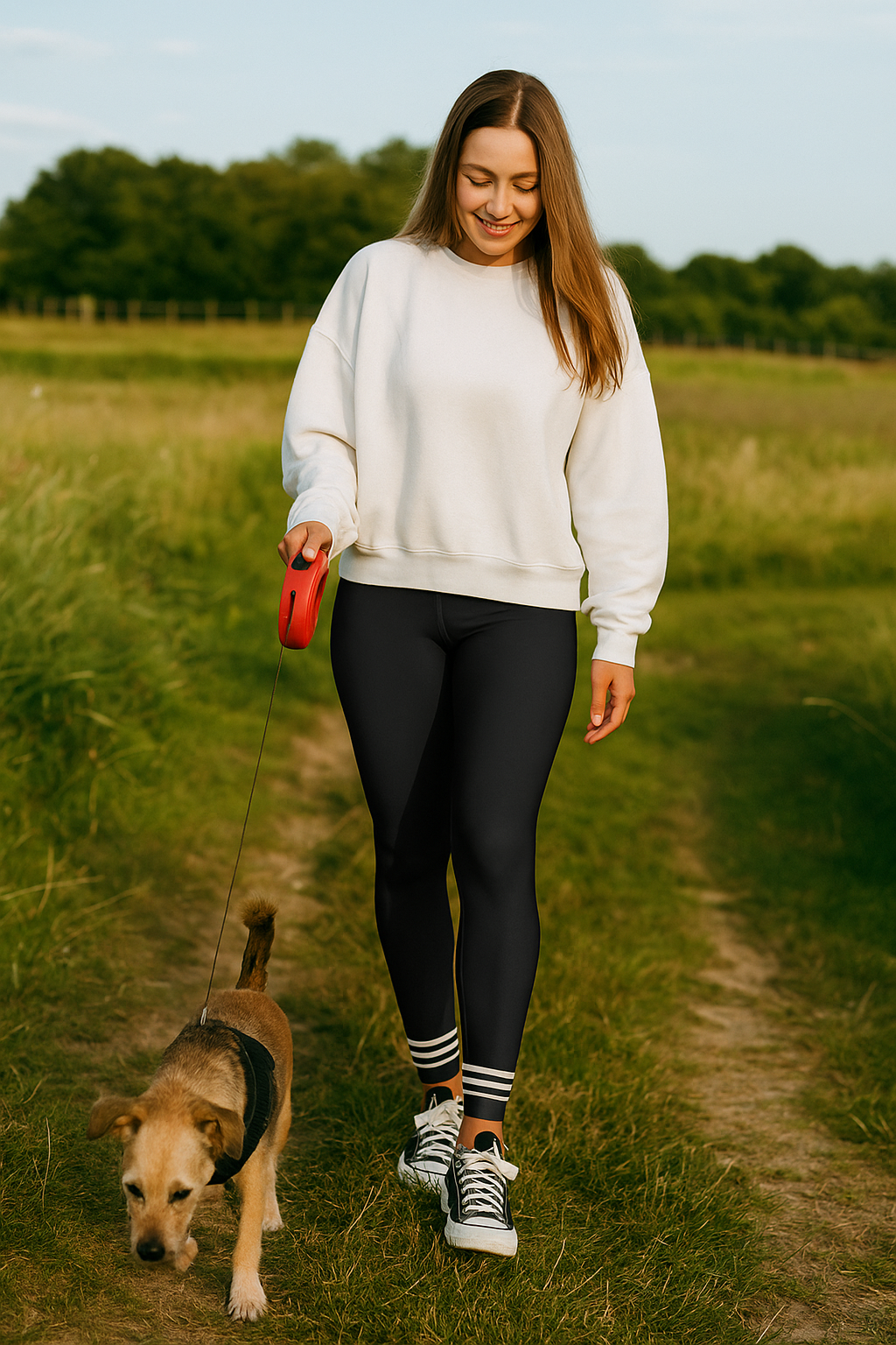 Woman in black leggings and white sweatshirt walking her dog on a sunny country trail.