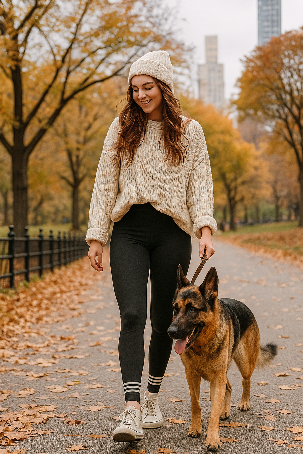 A woman wearing black Central Park Leggings, a cream sweater, and a beige beanie walks her German Shepherd through Central Park on a fall day.