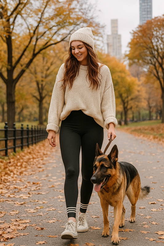 A woman wearing black Central Park Leggings, a cream sweater, and a beige beanie walks her German Shepherd through Central Park on a fall day.