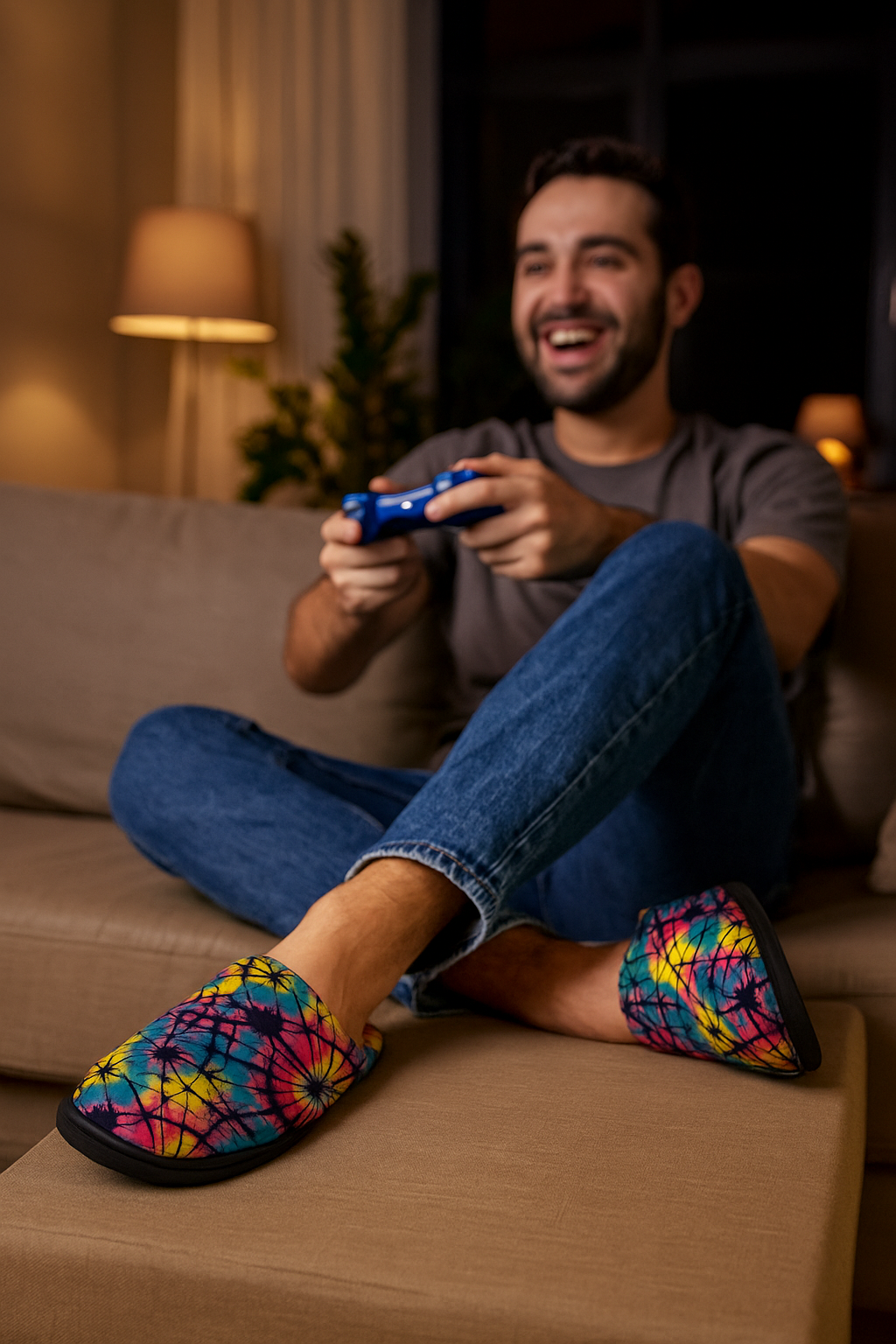 A man sitting on a couch playing video games at night, smiling while wearing colorful tie-dye Men’s Cozy Slippers with a soft fleece design and relaxed fit.