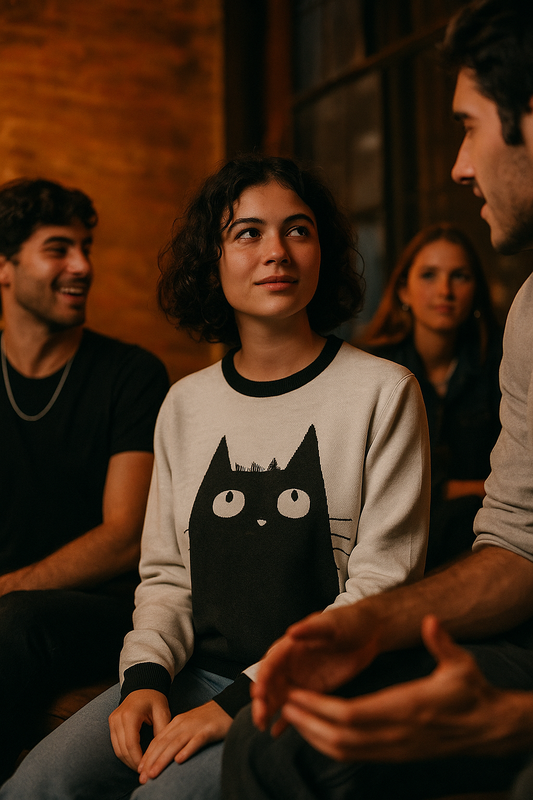 Person sitting with friends wearing a light sweater featuring a large black cat graphic on the front.