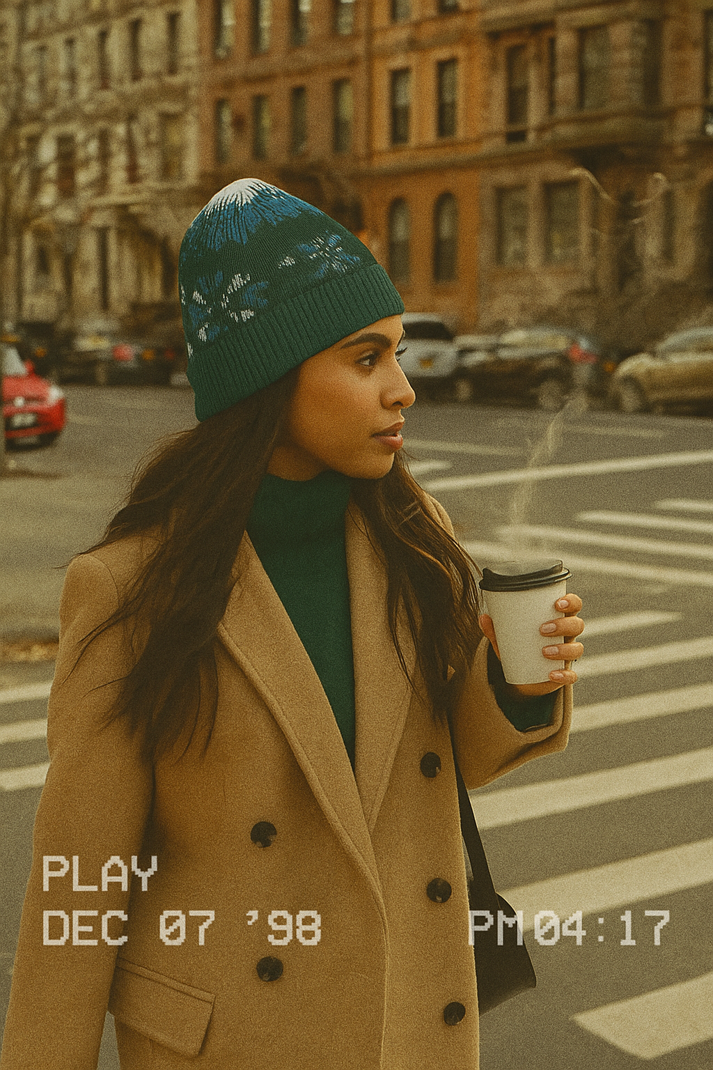 Person wearing the dark green patterned beanie outdoors in a city setting while holding a drink.