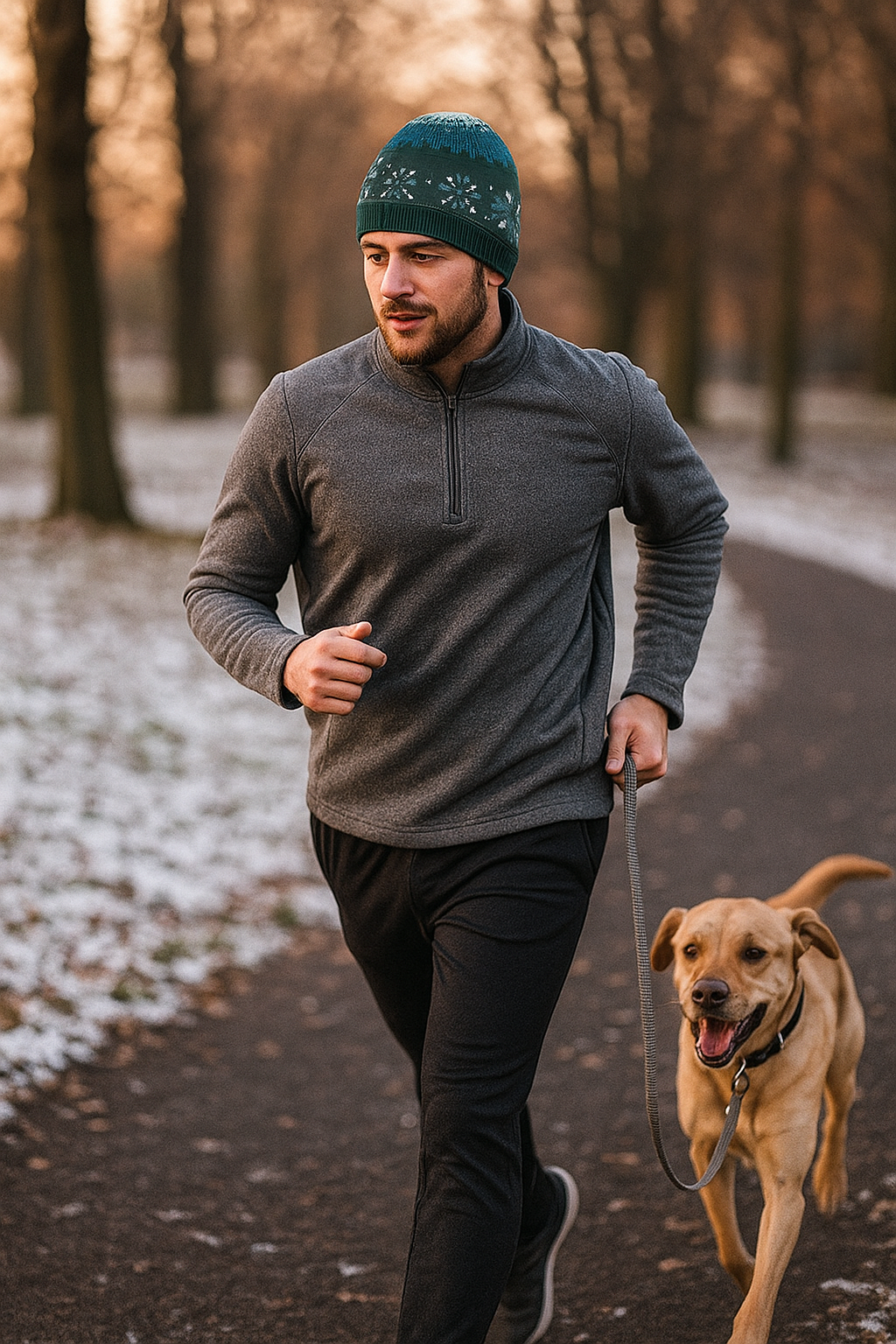 Person jogging on a snowy path wearing a dark green knit beanie with a winter pattern, with a dog running beside them.