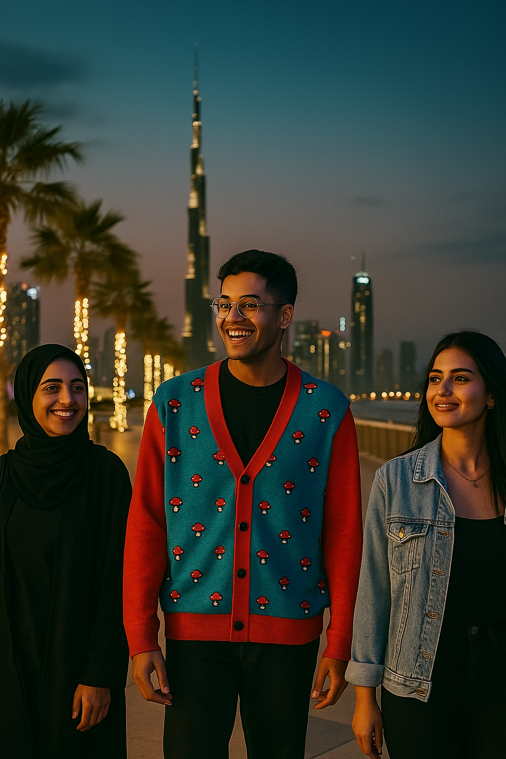Man wearing a blue and red pixel mushroom cardigan walking outdoors with a group at night.