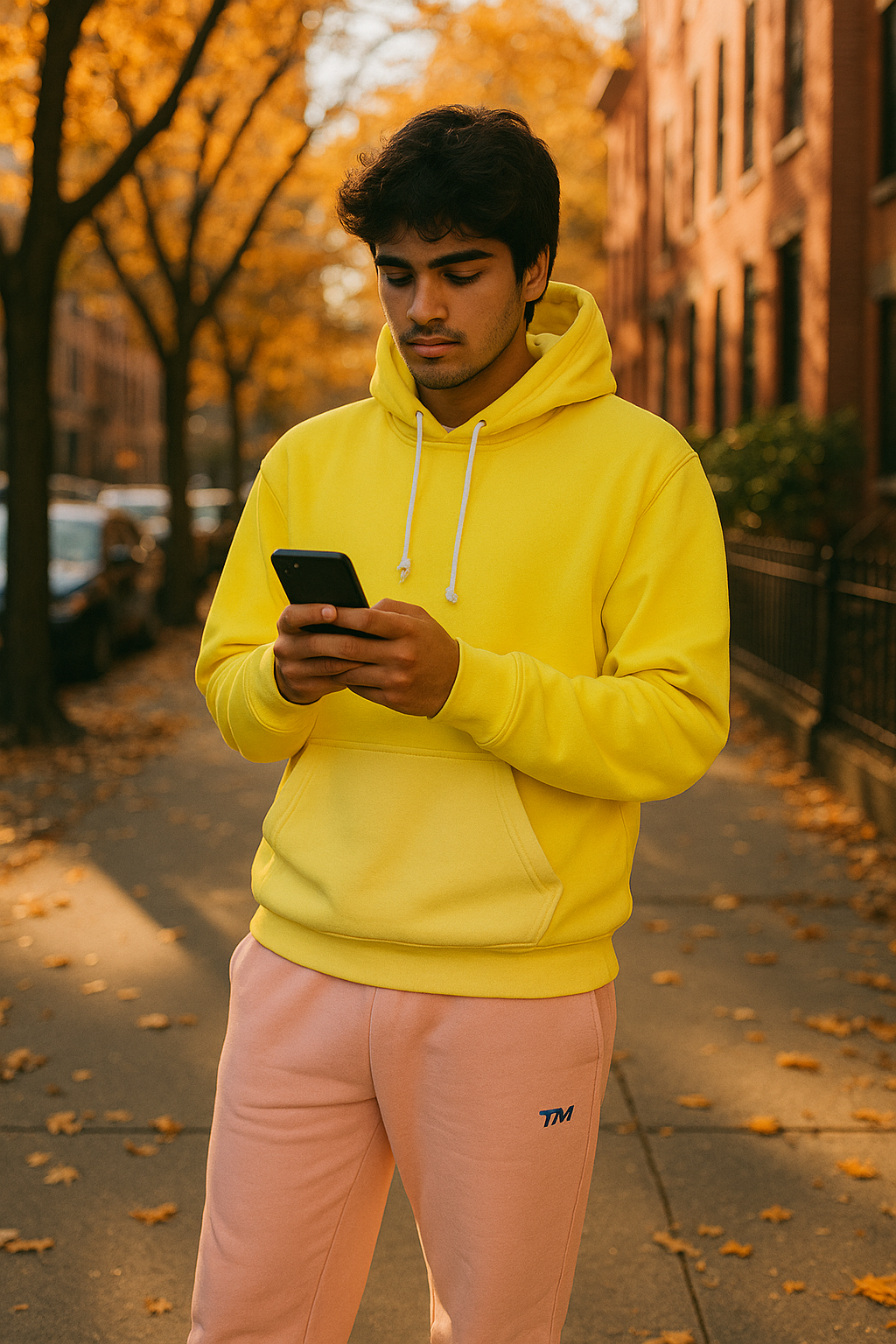 Man in a yellow hoodie and pink pants using a phone on a sidewalk with autumn leaves and buildings in the background.