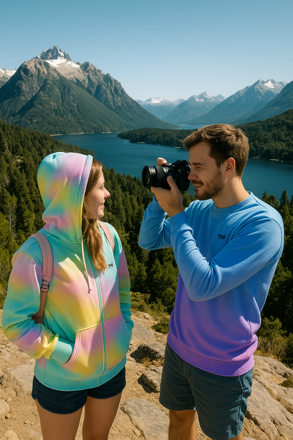 Two people outdoors wearing the Aurora Gradient Zip Hoodie in a mountain setting.