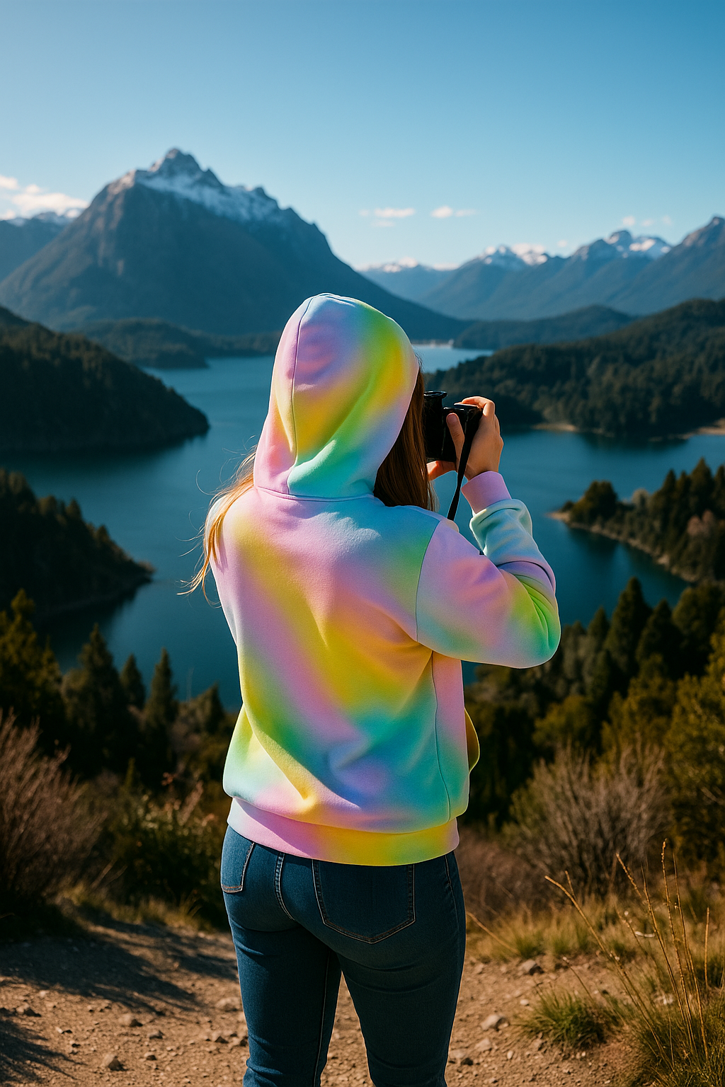 Person standing on a mountain overlook wearing the Aurora Gradient Zip Hoodie while taking a photo