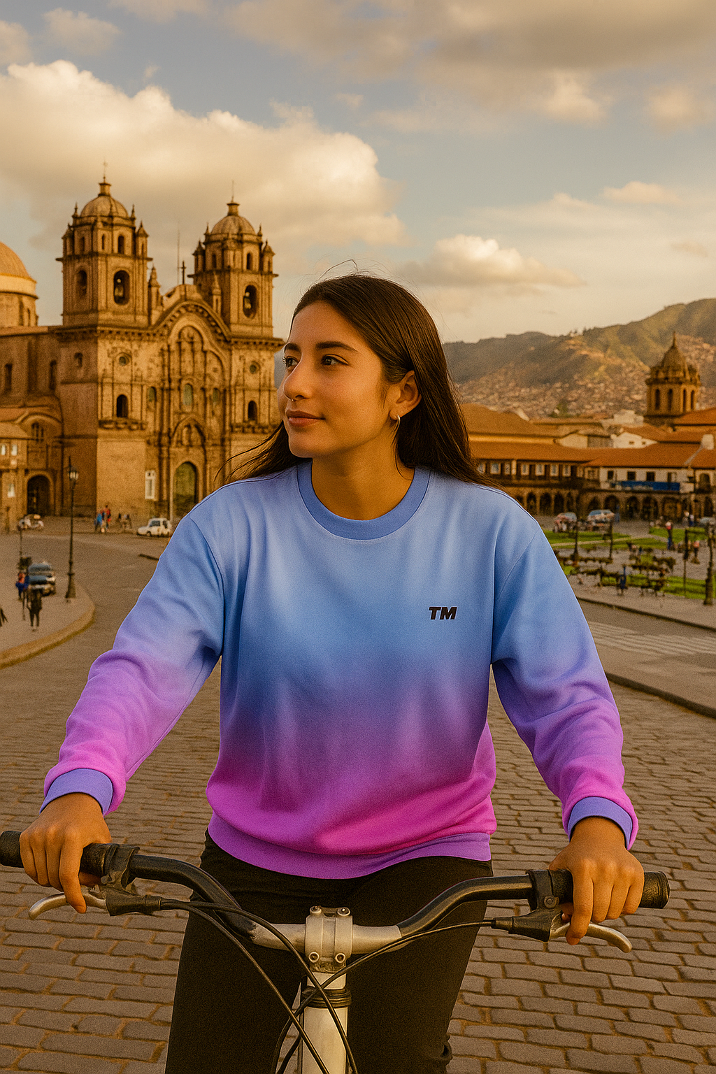 Woman riding a bike while wearing a blue to pink Aurora Borealis Sweatshirt in a historic city plaza