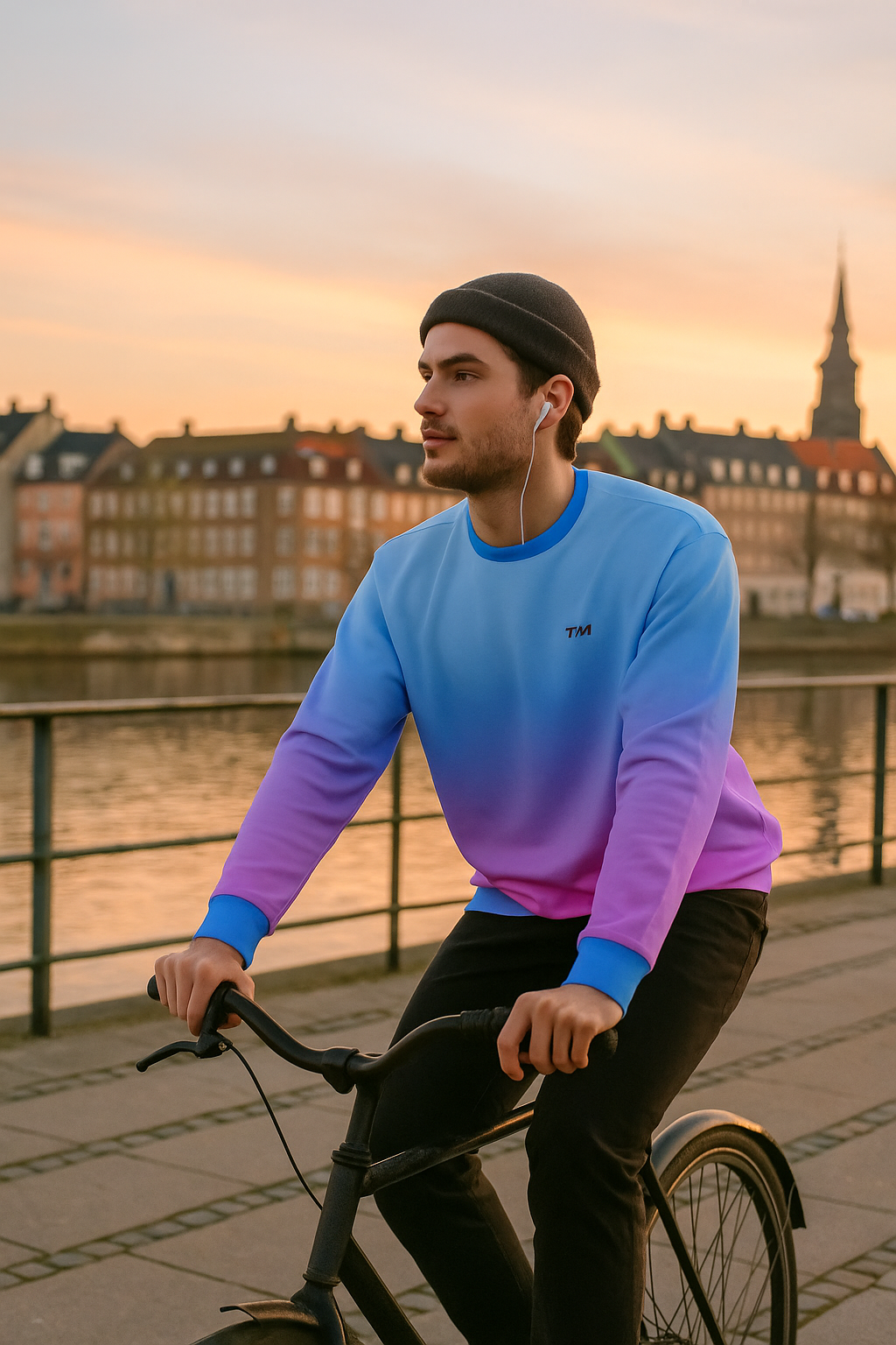 Man sitting on a bike at sunset wearing the Aurora Borealis Sweatshirt with the blue to pink gradient