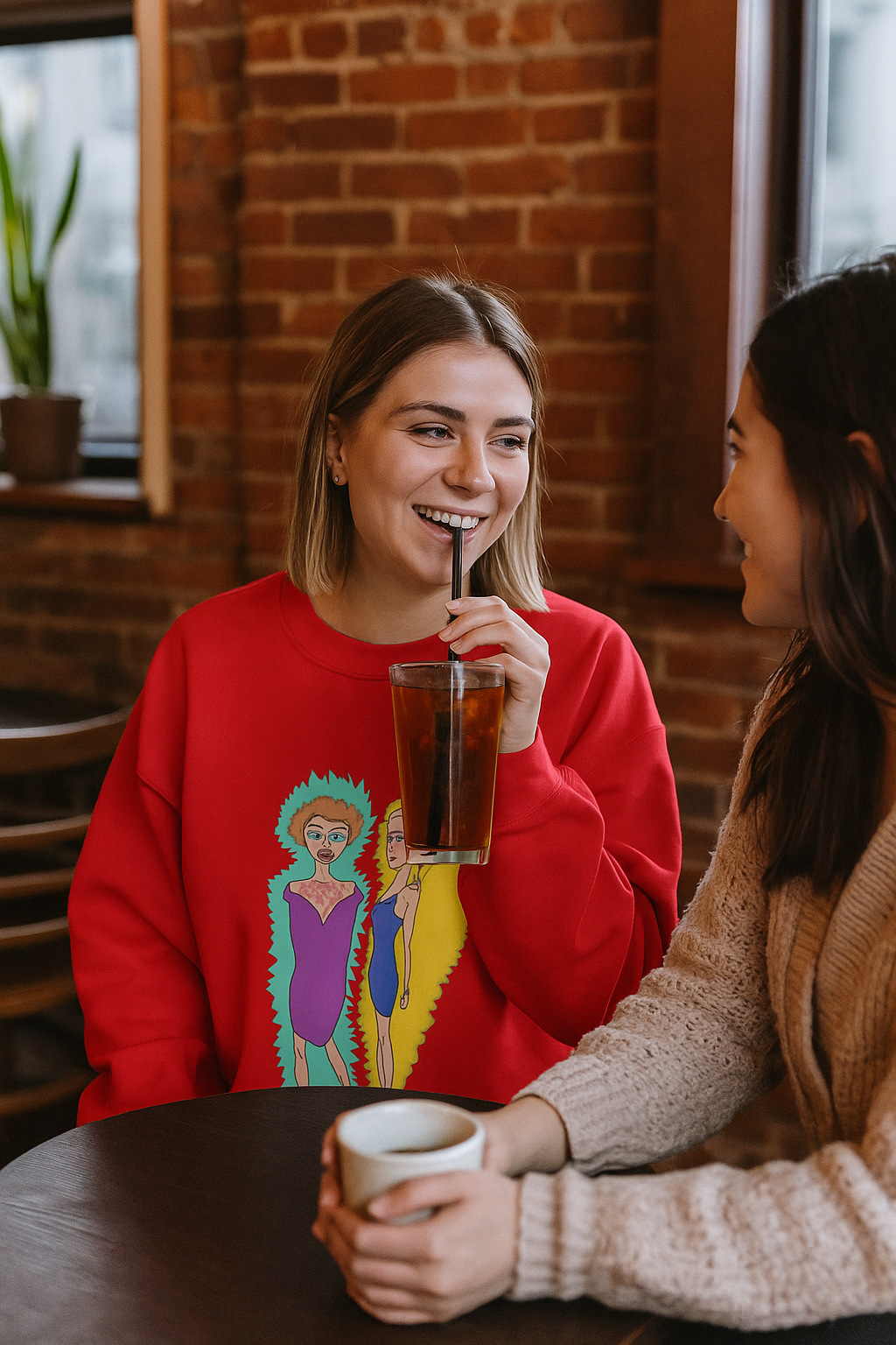 Woman sitting at a café table, smiling and drinking through a straw while wearing a red sweatshirt with a colorful hand drawn illustration of two abstract characters.