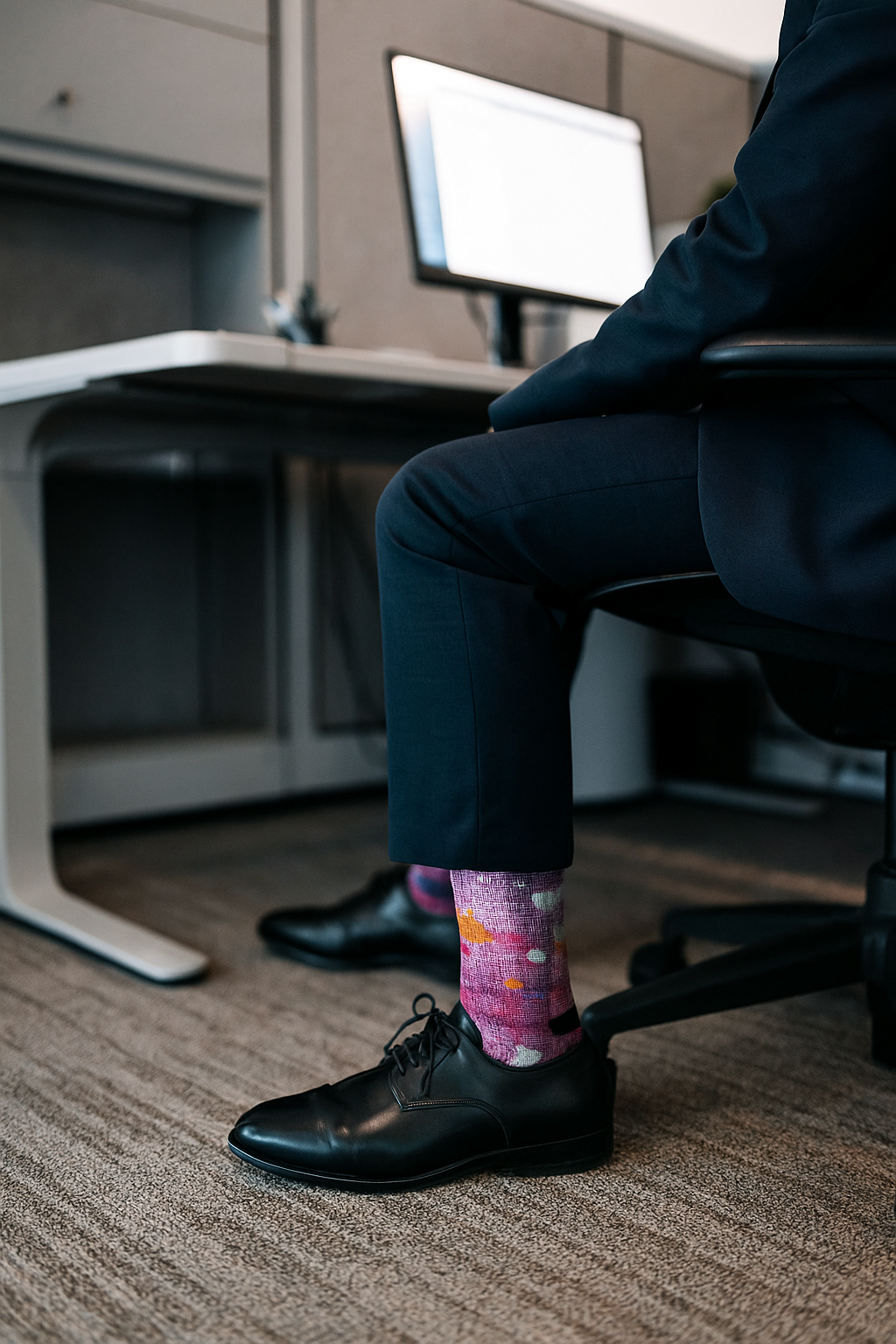 Colorful patterned socks paired with black dress shoes on a person sitting at an office desk.