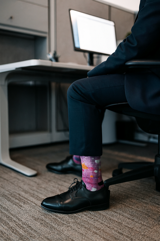 Colorful patterned socks paired with black dress shoes on a person sitting at an office desk.