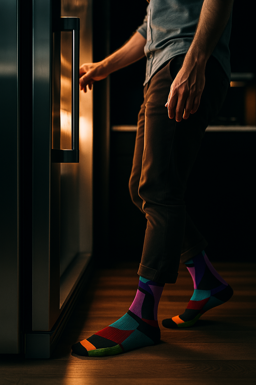 Person standing in a dimly lit kitchen wearing colorful abstract swirl socks, shown mid step on a wooden floor.