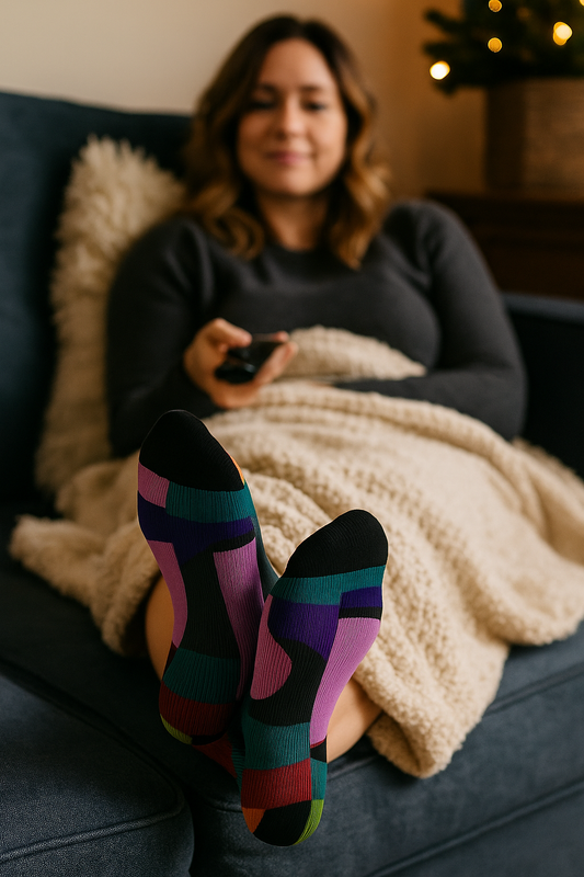 Person relaxing on a couch under a cozy blanket, watching TV with feet up, wearing colorful geometric patterned socks.