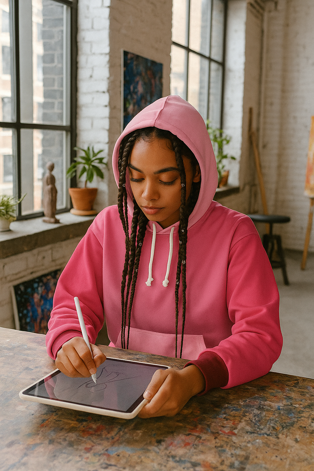 Person wearing a pink hoodie sits at a table in a bright studio, drawing on a tablet with a stylus.