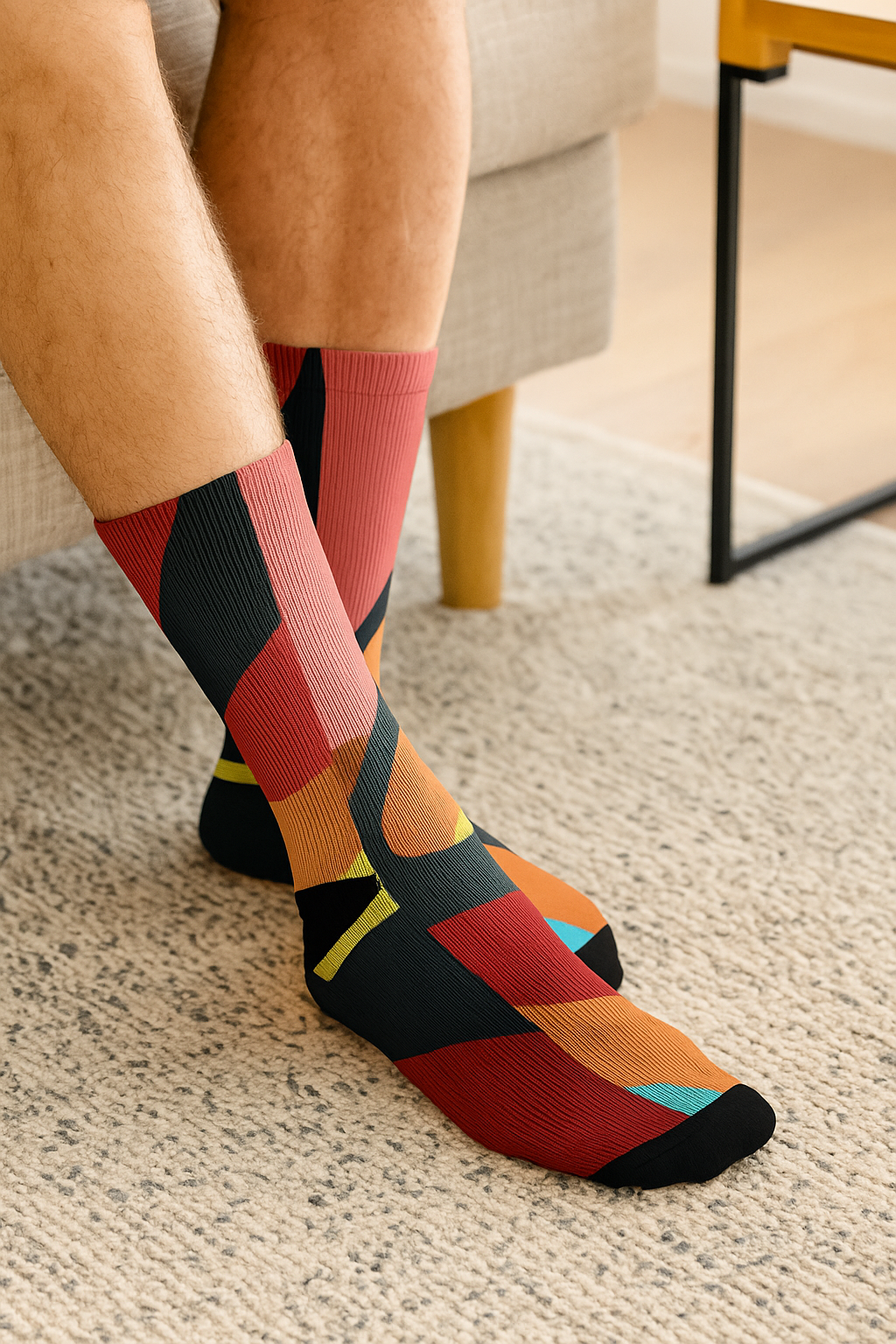 Person sitting indoors with legs crossed, wearing warm colored geometric socks in shades of red, orange, black and teal.