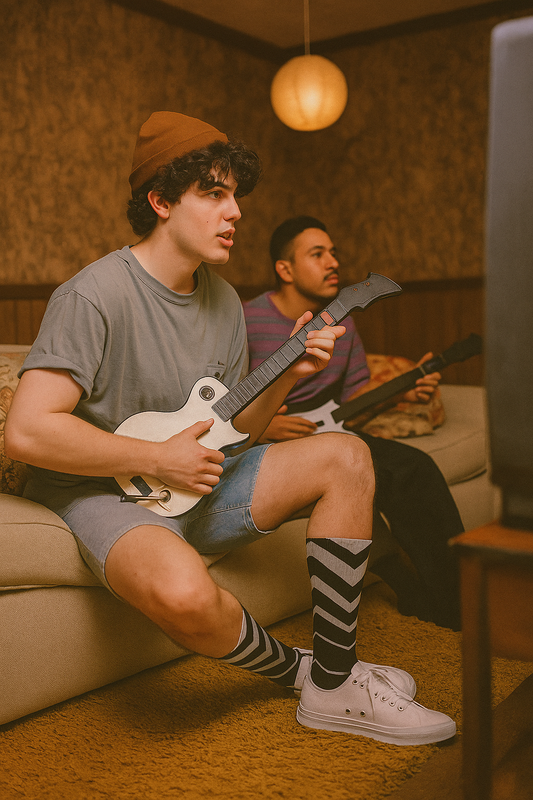Two people playing a guitar video game on a couch, with the person in front wearing black and white arrow patterned socks.