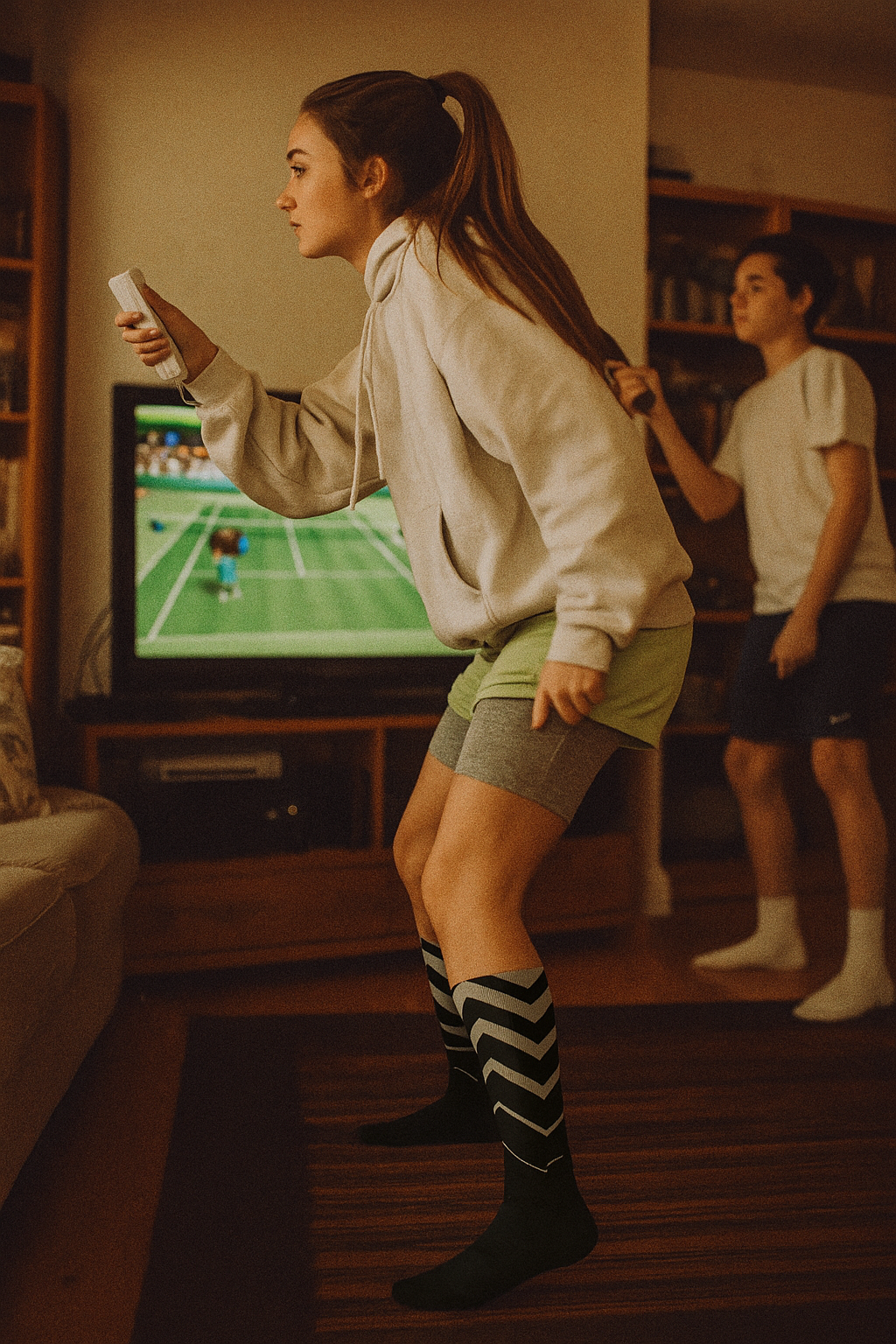 Person jumping while playing a motion video game, wearing black and white arrow patterned socks in a living room.