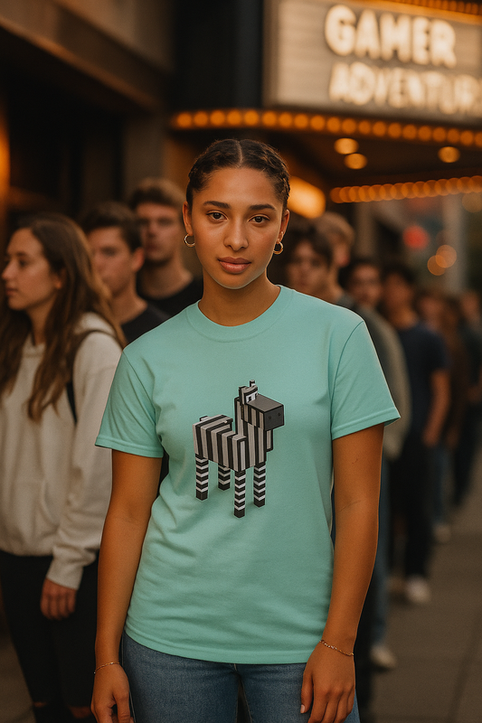 Pixel Zebra T-Shirt worn by model in a gaming arcade street scene