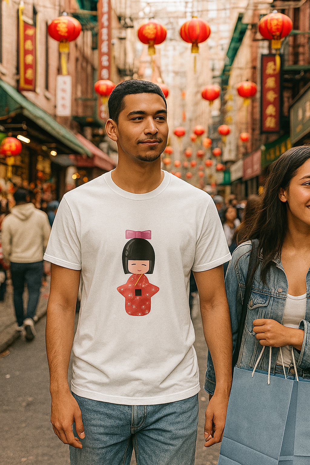 Man wearing a white T shirt with a cute character graphic while walking in a lantern decorated street.