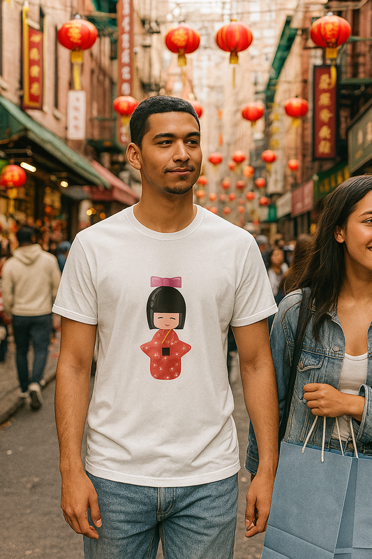Man wearing a white T shirt with a cute character graphic while walking in a lantern decorated street.