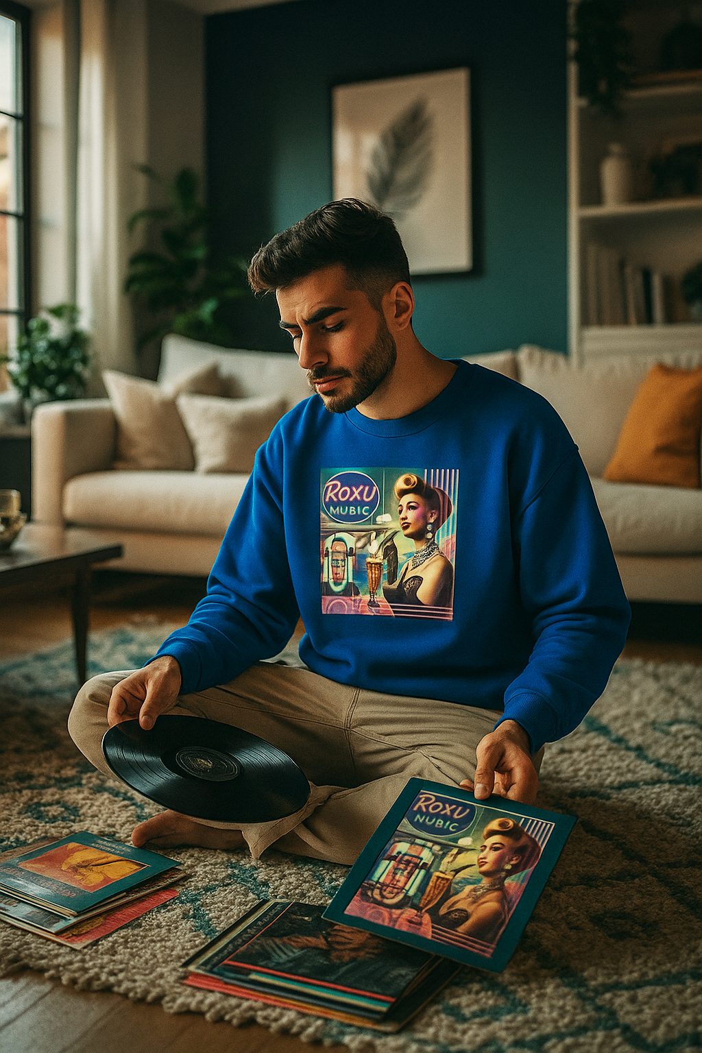 Man sitting on floor wearing blue Roxy Music album cover nostalgia sweatshirt holding vinyl records