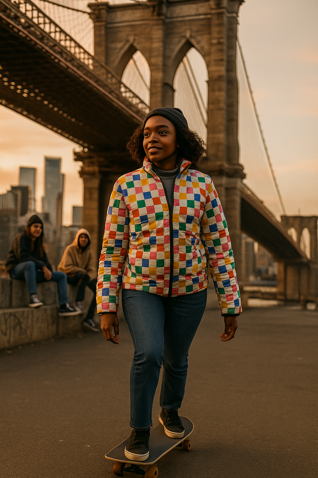 Person skateboarding under the Brooklyn Bridge with a colorful jacket