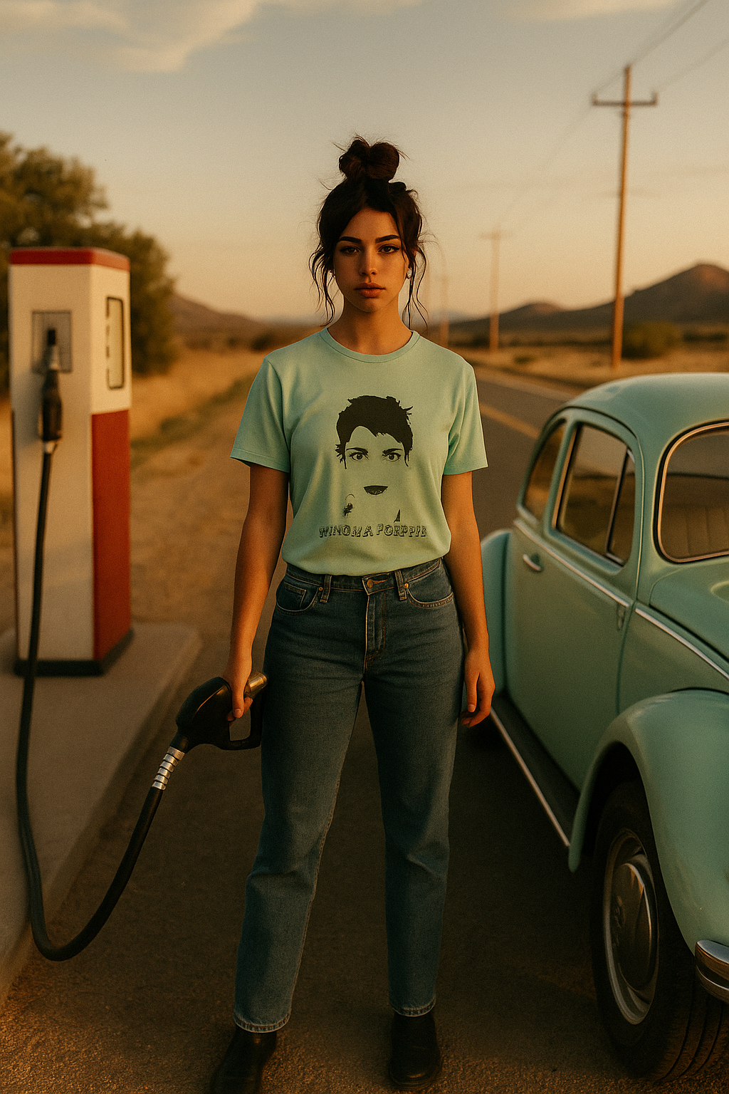 Person standing at an old style gas station wearing a mint green T shirt with a bold graphic face print.