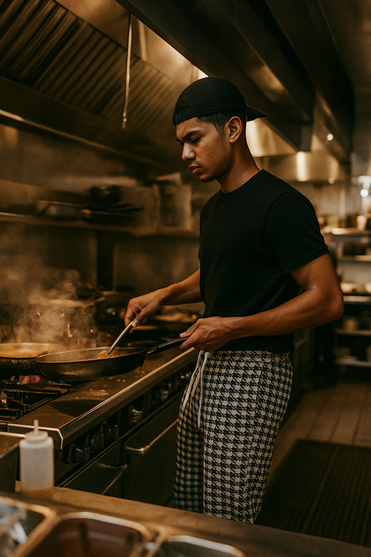 Dishwasher Joggers worn by a line cook in a restaurant kitchen