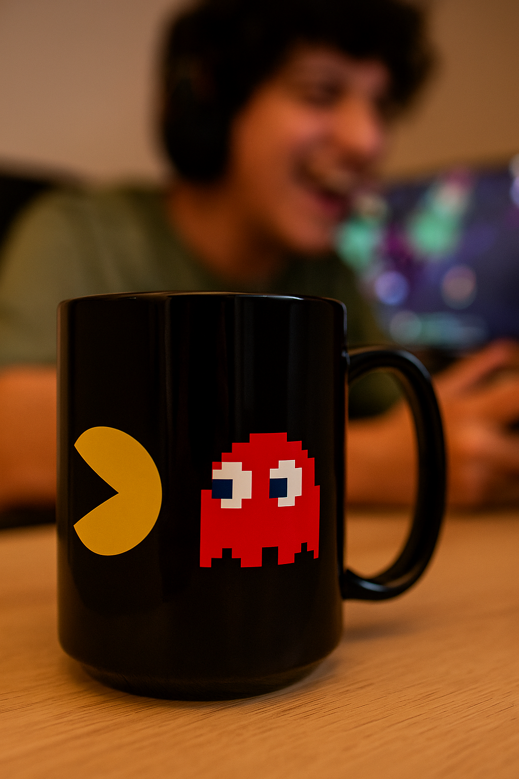 Black retro pixel arcade maze chase coffee mug on wooden desk with gamer in background