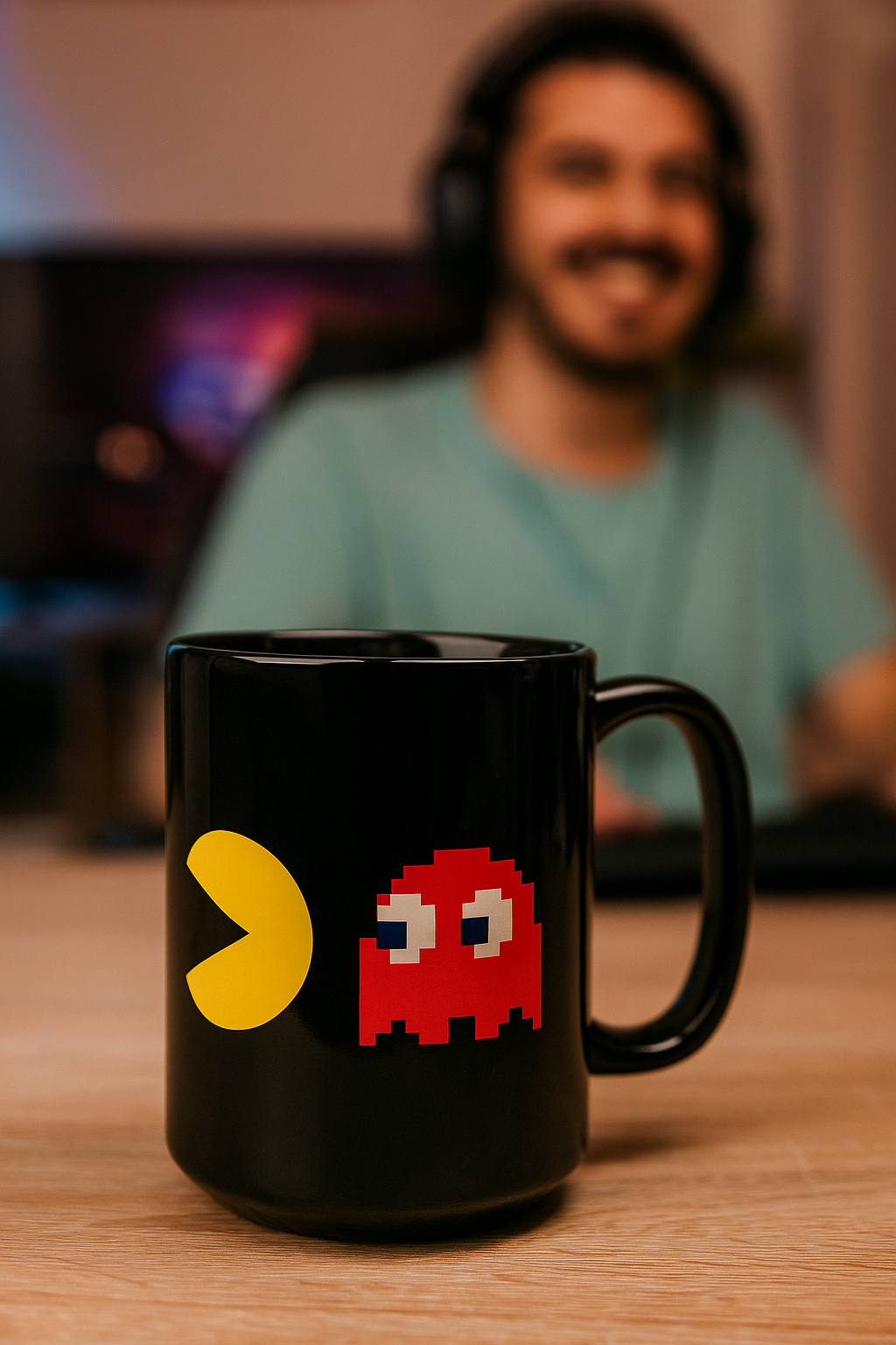 Gamer holding black pixel arcade coffee mug with maze chase design