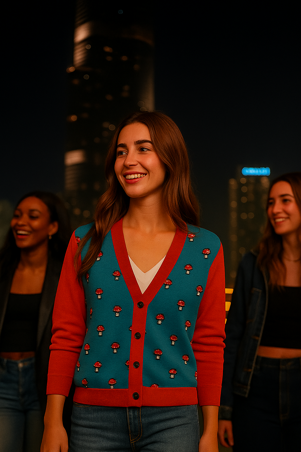 Woman wearing a blue and red pixel mushroom cardigan while standing outdoors at night with friends.