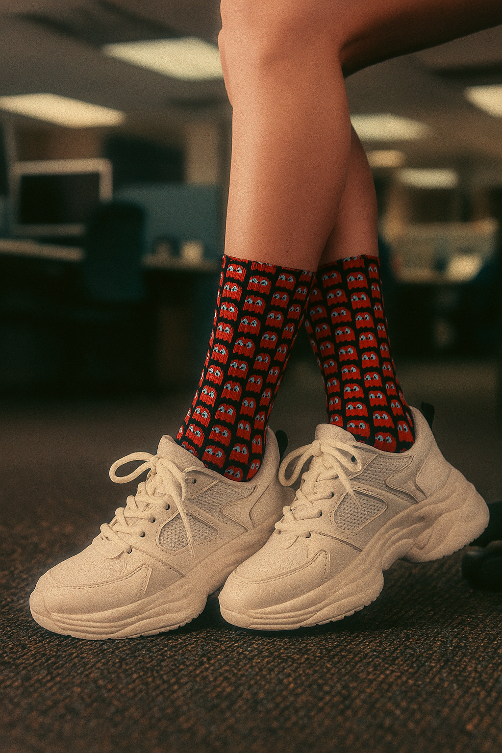 Blinky Ghost Crew Socks – Retro Arcade Gamer Socks worn with white sneakers indoors