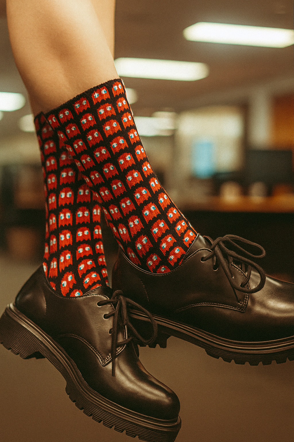 Blinky Ghost Crew Socks – Retro Arcade Gamer Socks worn with black shoes indoors