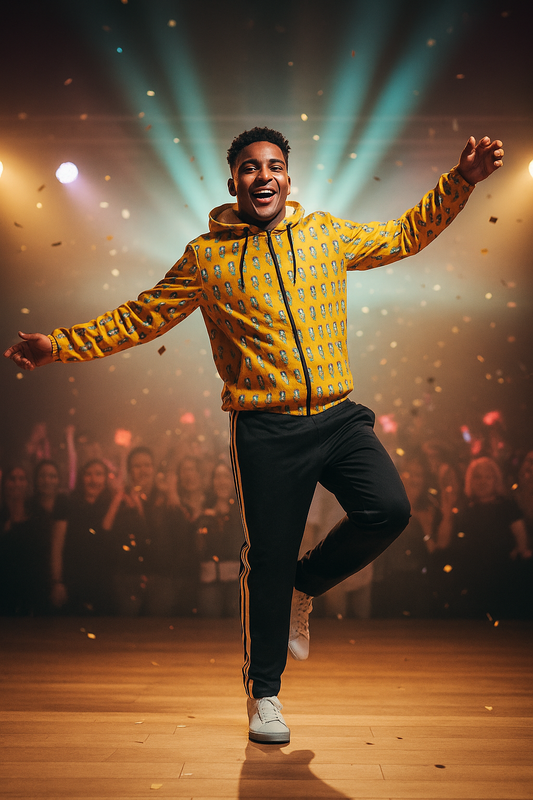 Person dancing on stage while wearing a yellow patterned windbreaker with a full zip and hood.