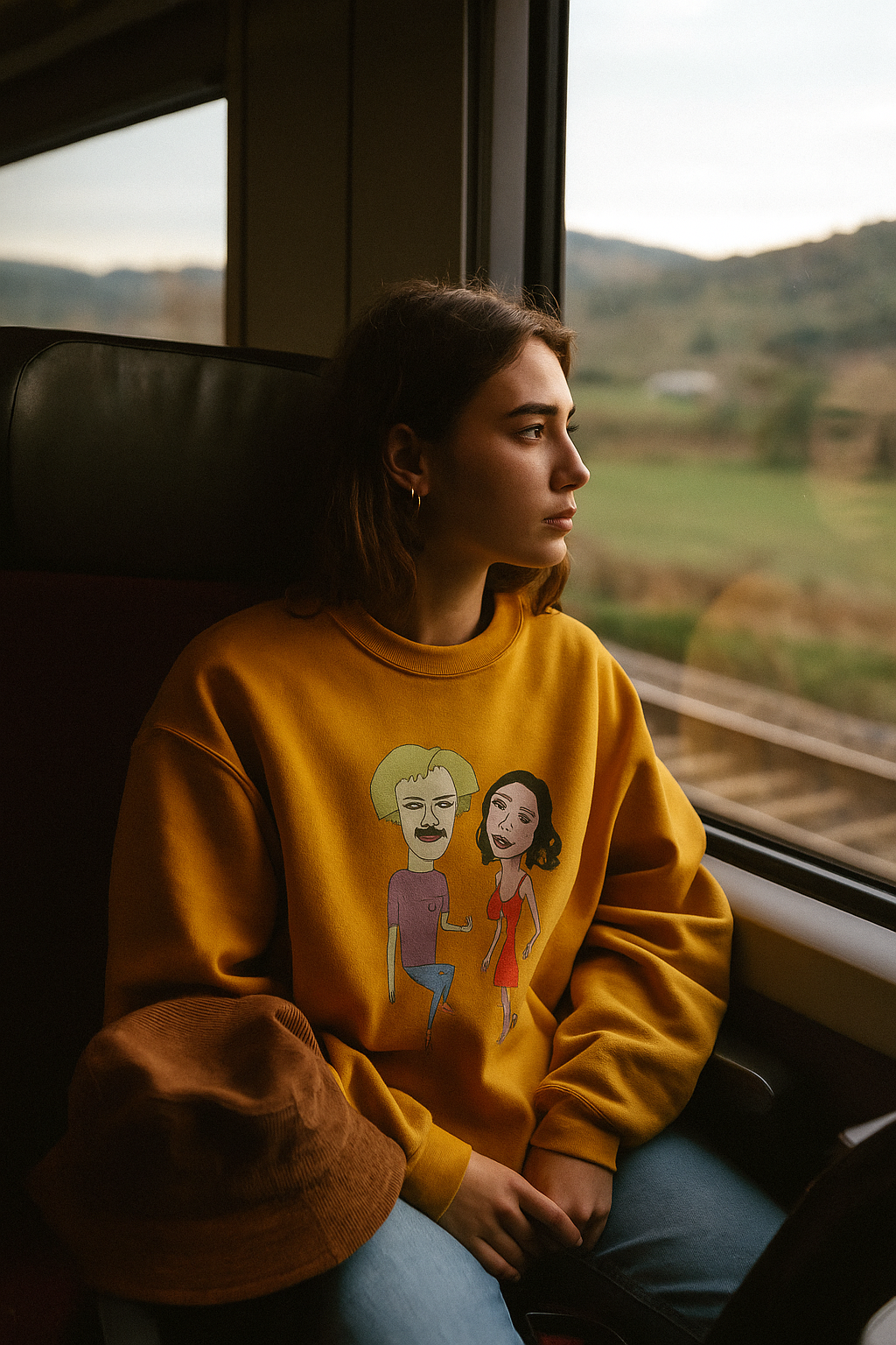 Woman wearing a yellow Lily & Matthew Unisex Sweatshirt, sitting on a train looking out the window.