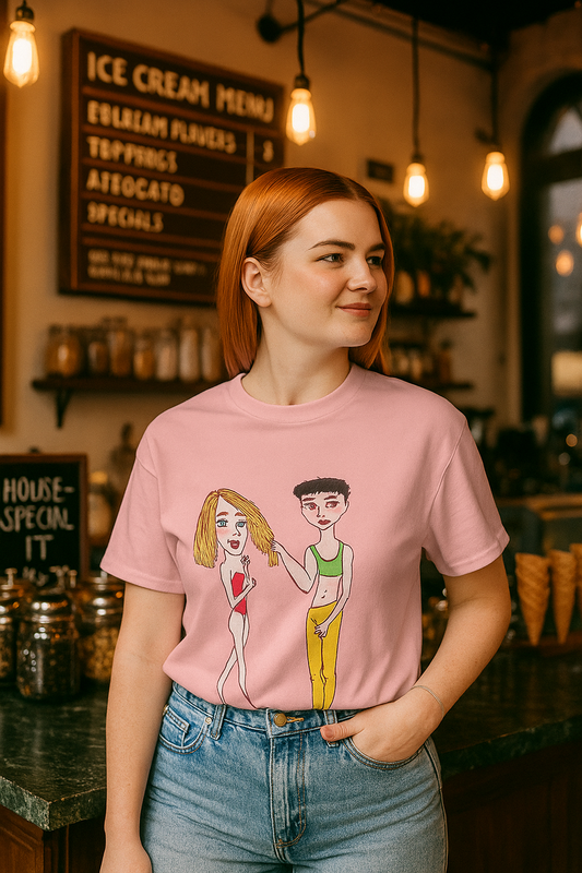 Woman wearing a pink Charlotte & Van - Unisex T-Shirt in a cafe setting