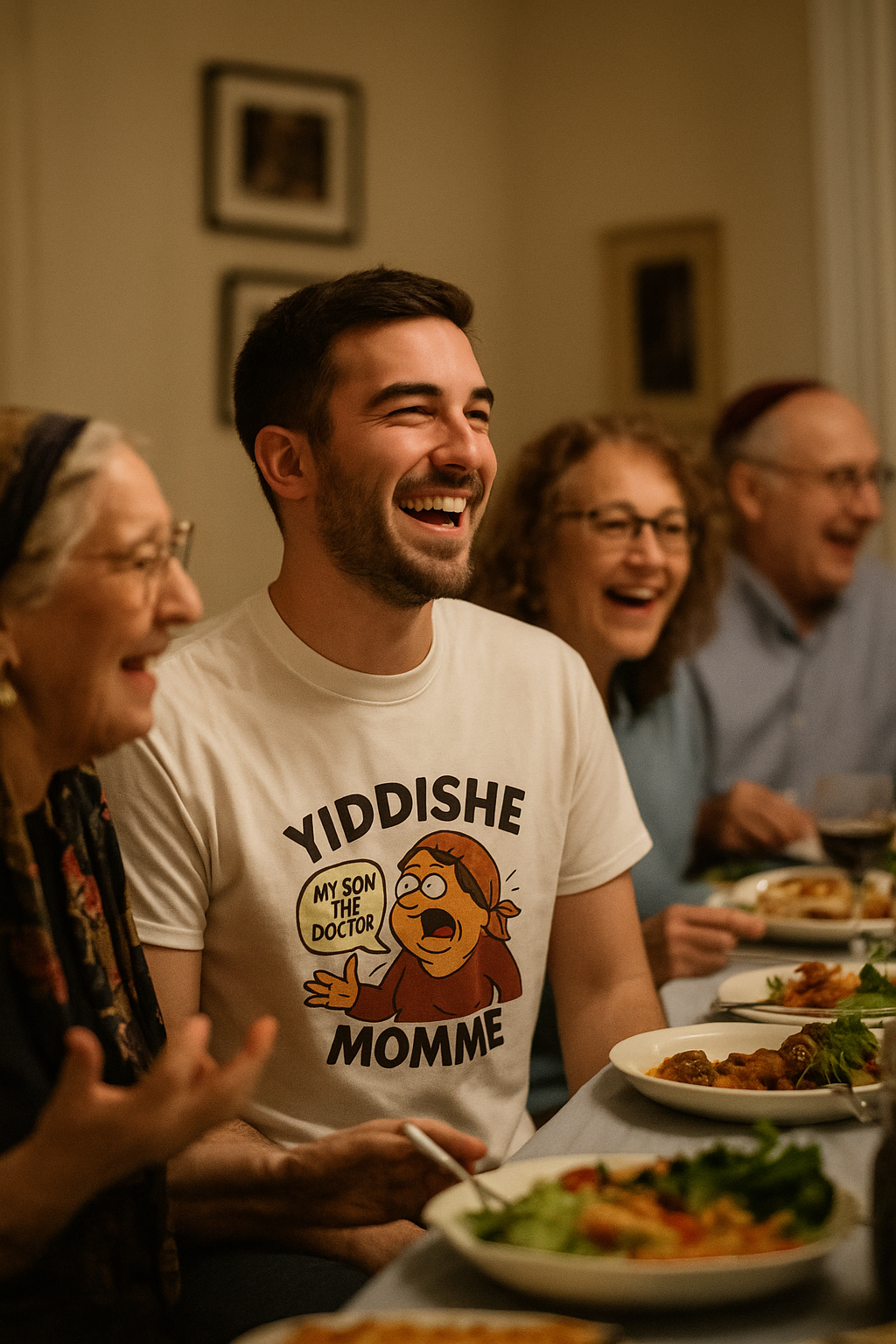 A young man laughs at a dinner table with others, wearing a white T-shirt that says “Yiddishe Momme” with a cartoon character on it.